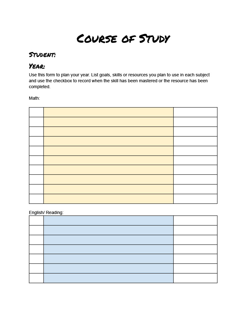 Course of Study Worksheet image
